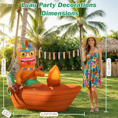 Lewondr 5.25FT Inflatable Tiki Luau Decor, Boat Luau Party Decorations, Blow up Hawaiian Outdoor Decorations with 6 LED Lights, Summer Outdoor Inflatables for Tropical Pool Beach Yard Lawn - style: Boat
