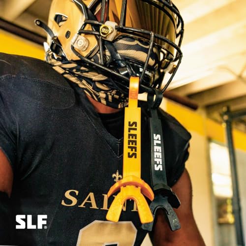 SLEEFS X Gold Football Mouth Guard - Lip/Mouthguard with Helmet Strap - Lip/Teeth Protector Mouthpiece - Moldable - for Youth/Adults, Men & Women Mouth Guard, Maximum Air Flow, Lacrosse, All Sports - color: Gold