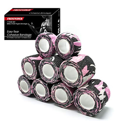 FRESINIDER 9 Rolls Self Adhesive Wrap Athletic Tape Gauze, Breathable Elastic Cohesive Bandage for Sports Injury & Pet (7 Pcs 2" x 5 Yards + 2 Pcs 1" X 5 Yards) (Camouflage Pink) - color: Camouflage Pink
