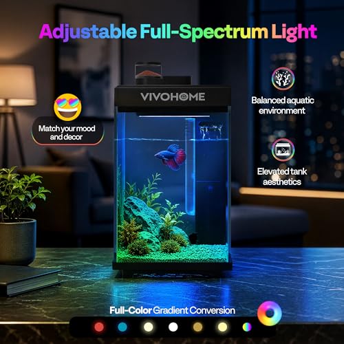 VIVOHOME 2 Gallon Smart Fish Tank with APP Control, Aquarium Starter Kit with Auto Feeder, Filter, Temperature Display, RGB LED Light, Desktop Mini Fish Tank for Betta, Shrimp