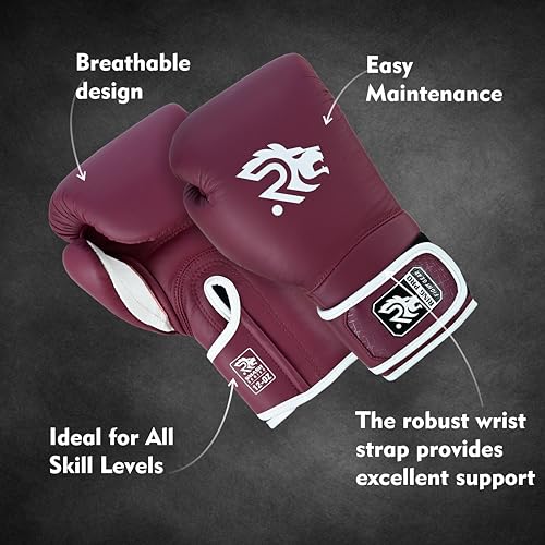 Ring Pro Leather Boxing Gloves with Strap – Premium for Training, Sparring, MMA, Kickboxing, Muay Thai (Unisex) - color: Maroon, size: 16 oz
