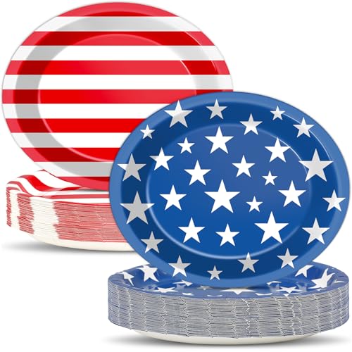 Qyeahkj 50피스 애국적인 타원형 종이 접시 대형 27.9cm(11인치) 일회용 7월 4일 미국 국기 파티 장식 독립 기념일 용품 재향 군인 선거 날 현충일 파티 식기 세트 - style: 미국 국기