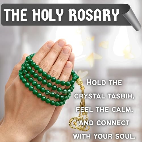 Amazing Gemstone Crystal Tasbeeh with Moon and Star Charm - Certified Crystal Muslim Prayer Beads Natural Gemstone Tasbih Gift for Ramadan Dhikr and Daily Namaz (G) - color: Green Jade (dye)