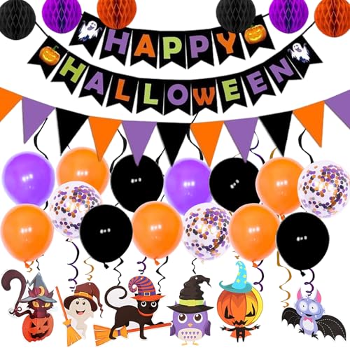 Halloween Banner Decorations Trick or Treat Paper Honeycomb Ball Swirl Streamers Circle Confetti Dots Halloween Balloons Pumpkin Ghouls Bat Cat Party Decorations - color: Hallowmas
