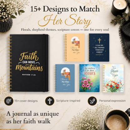 Only Zest Hardcover Blank Christian Notebook – 140 Pages - Matthew 17:20 | Lined Pages with Bible Verse Cover – Inspirational Writing Spiral Notebook for Bible Study, "Faith Can Move Mountains", Black - color: Faith_Black