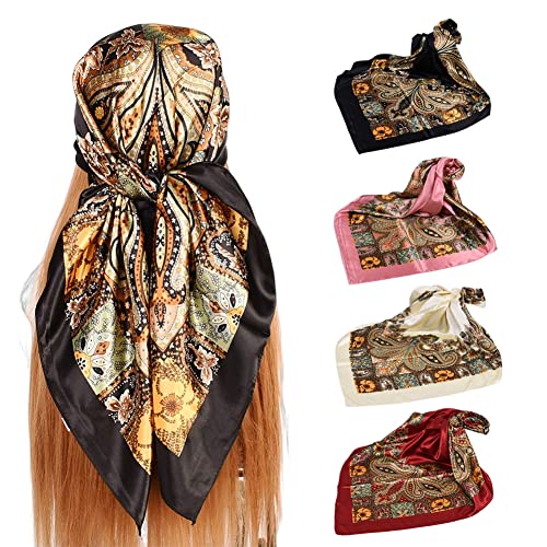 4Pcs Silk Head Scarves for Women Satin Hair Scarf 35”Large Square Bandana Silk Like Neck Scarf Shawl - color: Black/Red/Pink/Beige