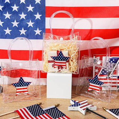 Aliceset 24 Pcs Patriotic Gift Bags with Handle, 4th of July Clear PVC Gift Bags, American Star Reusable Goodie Holder for Independence Day USA Patriotic Party Favor, 6.31" x 5.91" x 3.15" - style: Star