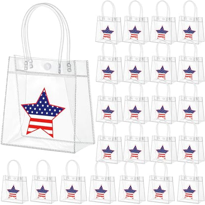 Aliceset 24 Pcs Patriotic Gift Bags with Handle, 4th of July Clear PVC Gift Bags, American Star Reusable Goodie Holder for Independence Day USA Patriotic Party Favor, 6.31" x 5.91" x 3.15" - style: Star
