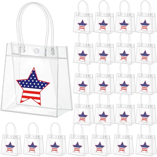 Aliceset 24 Pcs Patriotic Gift Bags with Handle, 4th of July Clear PVC Gift Bags, American Star Reusable Goodie Holder for Independence Day USA Patriotic Party Favor, 6.31" x 5.91" x 3.15" - style: Star