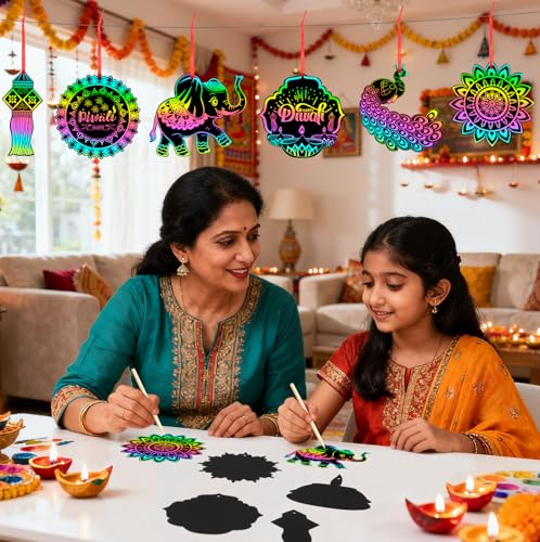 FEBSNOW 48 PCS Diwali Crafts for Kids, Magic Rainbow Scratch Art Paper Cards for Kids Diwali Gifts School Classroom Activities Happy Diwali Festival of Lights Party Favors Hanging Ornaments - style: Diwali