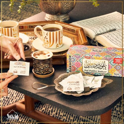 Oud Bakhoor Variety Box & Burner by Dukhni | Arabian Oudh Incense Set with Candle Incense Burner| 20 pcs Arabic bukhoor Incense Bricks, 10 Mixed scents | Islamic, Eid & Ramadan Gifts | Home Fragrance