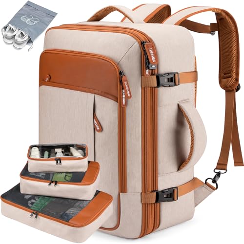 Lumesner 40L Expandable Carry On Travel Backpack with 4 Packing Cubes - color: Beige, size: 20 inches
