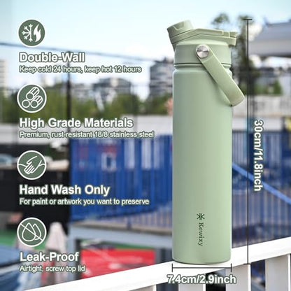 KEWIXY 24 oz Insulated Water Bottle, 2-in-1 Lid, Straw & Spout with Protected, Leak Proof, Keep Cold, Stainless Steel, Metal, Reusable, Handle, for Travel, Gym and School, 2 Lids, Sage Green - color: Sage Green, size: 24 Ounces
