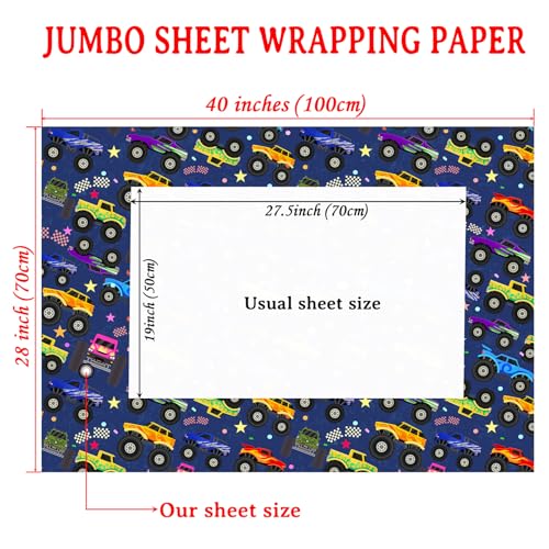 Cuitpan Monster Truck Wrapping Paper - Colorful Monster Trucks with Stars, Dots & Fun Patterns Design - Ideal for Kids & Car Enthusiasts Gift Wrapping - 40×28 Inches, 4 Folded Sheets - color: Blue-Monster Trucks