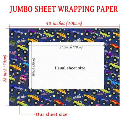 Cuitpan Monster Truck Wrapping Paper - Colorful Monster Trucks with Stars, Dots & Fun Patterns Design - Ideal for Kids & Car Enthusiasts Gift Wrapping - 40×28 Inches, 4 Folded Sheets - color: Blue-Monster Trucks