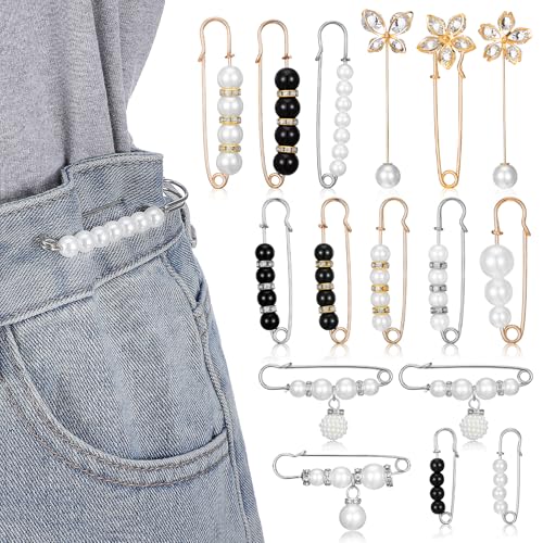 16 Pcs Pearl Brooch Pins Set, Decorative Safety Pin Pant Waist Tightener Pins for Clothes Sweater Shawl Hat Clips White Collar Clips for Cardigan Dress Sweater - style: Rhinestone Style
