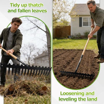 Garden Rake, 60" Wooden Handle with 17-Tine Metal Bow Rake, Secure Fit | Stop Back Pain! Rock Rake Heavy Duty for Loosening Soil,Leveling Gravel,Clearing Fallen Leaves,Removing Sod and Landscaping