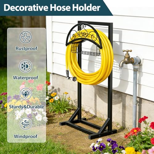 Garden Hose Holder Stand, BOLITE Metal Hanger with Storage Basket, 150ft | Heavy Duty, Freestanding Detachable, Water Hose Holder with Storage Basket, 4 Spikes, Storage Rack for Outside Yard Lawn Farm - style: Freestanding with Bracket