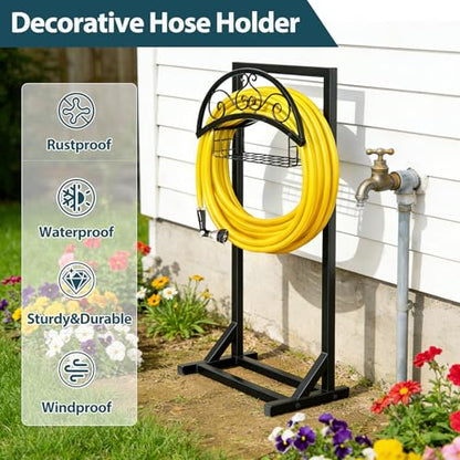 Garden Hose Holder Stand, BOLITE Metal Hanger with Storage Basket, 150ft | Heavy Duty, Freestanding Detachable, Water Hose Holder with Storage Basket, 4 Spikes, Storage Rack for Outside Yard Lawn Farm - style: Freestanding with Bracket