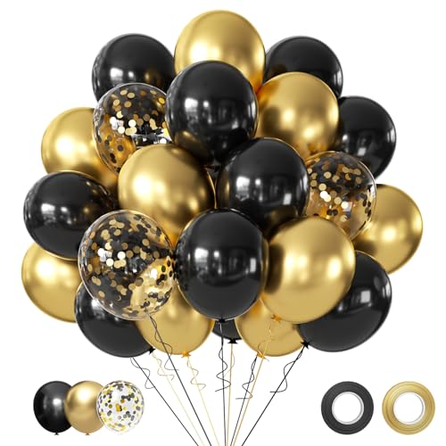 Black and Gold Balloons, 50Pcs 12 Inch Black Gold Confetti Balloons with Ribbons for Birthday,Graduation,New Years,Wedding,Engagement Party Decorations - color: Black Gold