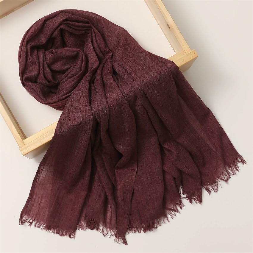 Solid color cotton and linen scarf, wrinkled all season versatile long sunscreen fashionable shawl - color: Deep Purple