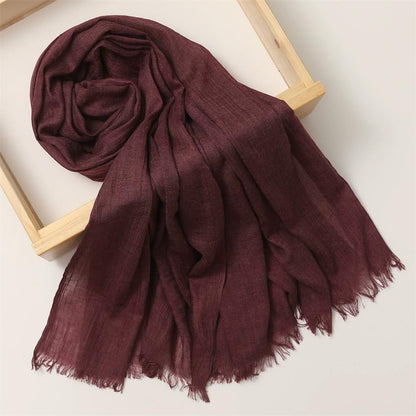 Solid color cotton and linen scarf, wrinkled all season versatile long sunscreen fashionable shawl - color: Deep Purple