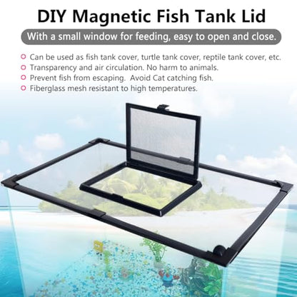 Magnetic Fish Tank Cover with Feeding Window Dark Grey Frame Grey Fiberglass Net,DIY Fish Tank Lid Adjustable Size Fit Tank Size Max 35''X19'' for Preventing Fish from Jumping Out and Reptile Escaping - color: Dark grey frame fiberglass net(with a small w