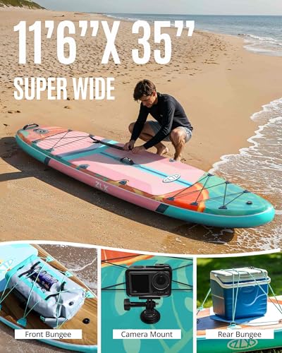 ZLX 11'6"x35" Ultra Wide Inflatable Stand Up Paddle Board | Stable Non-Slip Deck Pad, Unique Fin System, Premium SUP Accessories & Backpack - Upgraded Pump for Adults, All Skill Levels - color: Pink Orange Gradient