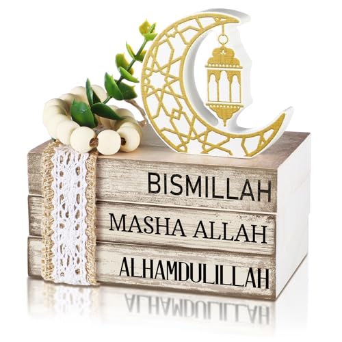 Ramadan Decorations for Home Eid Mubarak Decorations Wood Ramadan Table Sign Golden Moon Eid Tiered Tray Sign for Islamic Muslim Table Indoor Shelf Office Gifts - style: Ramadan