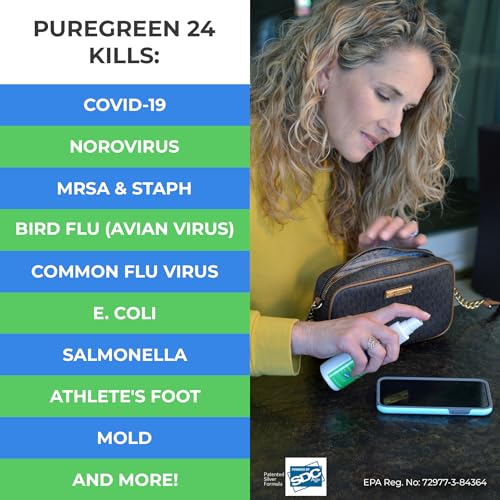 PureGreen24 Safe & Effective Disinfectant. Kills Deadly Germs including RSV Norovirus MRSA Staph 2026 flu Bird flu Contains No Toxic Chemicals Odorless Child & Pet Safe (2) 4oz Spray Bottle