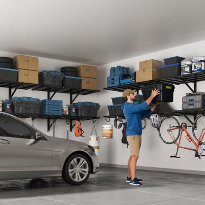 FLEXIMOUNTS 2x4ft Heavy Duty Garage Wall Shelving, 4-Pack Garage Shelving Wall Mounted with 8 Hooks, 400lbs Capacity, Storage for Power Tools, Garden Supplies, Storage Bins, Lite Series - size: 4pack 2x4ft w/ 16 hooks-800lbs