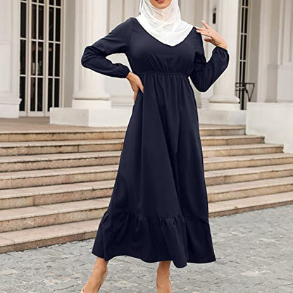Ctreela Muslim Abaya Dress for Women Long Sleeve Tunic Islamic Prayer Dress Abaya Kaftan Dubai Dress Middle East Clothes - color: Dark Blue, size: X-Large