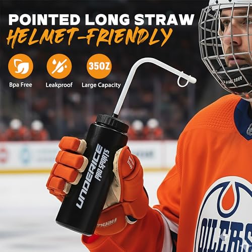 UICE Water Bottle with Straw,1 Liter Easy Squeeze Bottles for Hockey Curved Long Straw Built In Finger Grip,Sports Water Bottle for Football, Lacrosse, Boxing,Fitness-Black - color: black
