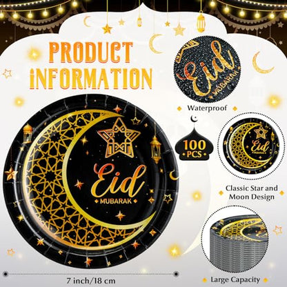 SiliFine 100 Pcs Eid Al Adha Islamic Ramadan Party Decorations Supplies Eid Adha Muslim Paper Plate Bulk 7 Inch Disposable Dessert Plate Mubarak Dinner Tableware Decoration(Black and Gold)