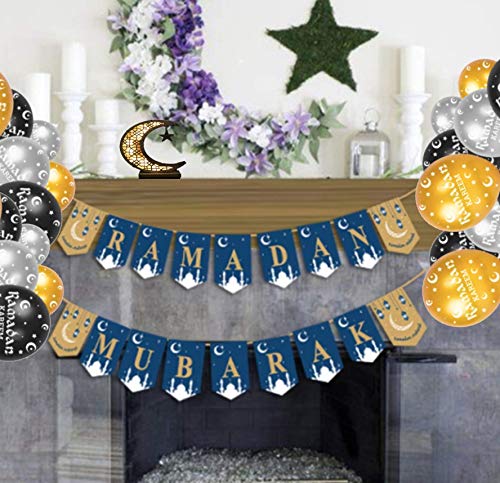 Ramadan Kareem Eid Decorations Bunting Banners Kullu am wa antum bikhair Balloons Latex Islamic Balloons Birthday Party Black, Gold, Silver Balloon Banners Latex 12" each (Blue+15pcs) - color: Blue,gold,silver