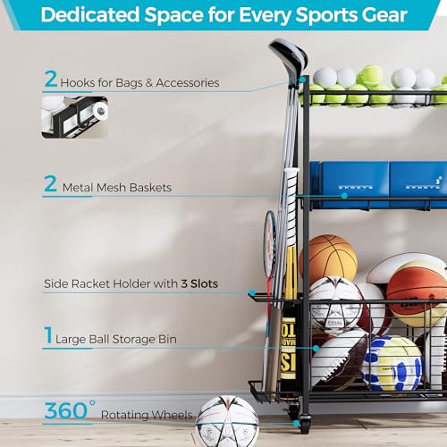 Sports Equipment Storage Rack with Wheels, 3-Tier Ball Organizer | Large Capacity Sports Gear & Toy Organizer with Racket Slots, Hooks, for Garage, Home Gym & Backyard, 31" W