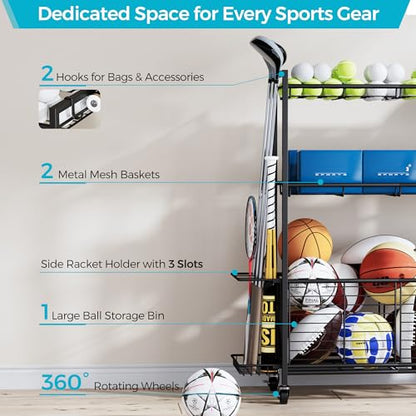 Sports Equipment Storage Rack with Wheels, 3-Tier Ball Organizer | Large Capacity Sports Gear & Toy Organizer with Racket Slots, Hooks, for Garage, Home Gym & Backyard, 31" W