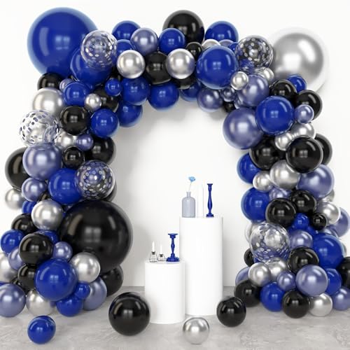 Amandir 153pcs Blue and Black Balloons Arch Garland Kit Different Sizes 18 12 10 5inch Metallic Silver Royal Dark Navy Blue Latex Confetti Graduation Balloon Birthday Space Retirement Party Supplies - color: Blue Black