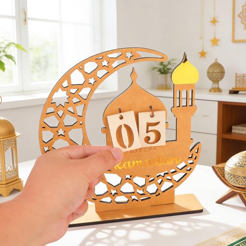 DPKOW Wooden Ramadan Advent Calendar Gifts Ramadan Decorations for Home, Crescent Mosque Countdown Calendar with Number Plates for Islamic Muslim Party Table Decor Moon Tabletop Decorations for Home