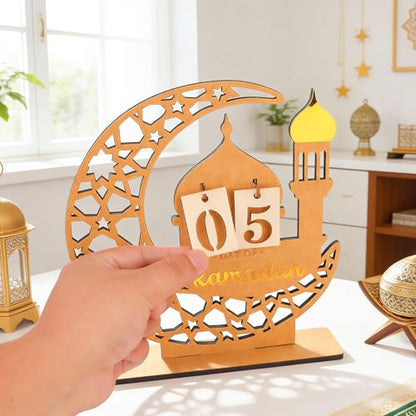 DPKOW Wooden Ramadan Advent Calendar Gifts Ramadan Decorations for Home, Crescent Mosque Countdown Calendar with Number Plates for Islamic Muslim Party Table Decor Moon Tabletop Decorations for Home