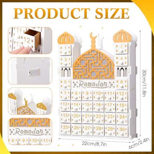 Glooglitter Wooden Ramadan Advent Calendar 30 Storage Drawers Ramadan Countdown Calendar 30 Days Advent Muslim Islam Castle Decorations for Eid Party Supplies