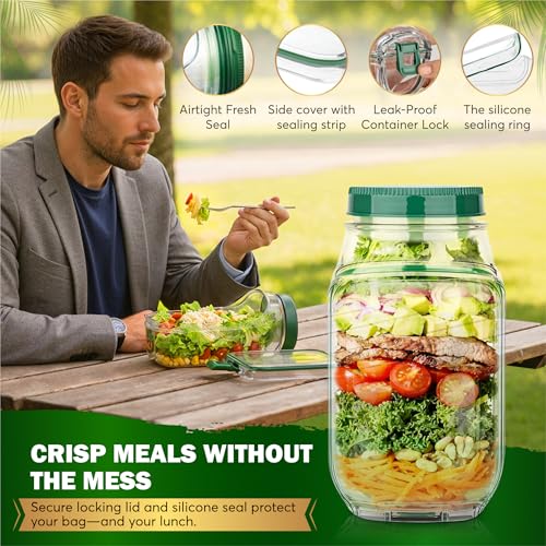 Salad Jar with Side Opening, 35oz Leakproof Salad Container with Dressing Cup, Reusable Cutlery & Cleaning Cloth, BPA-Free Tritan Lunch Jar for Meal Prep, Office, Gym, Travel & Healthy Lunches