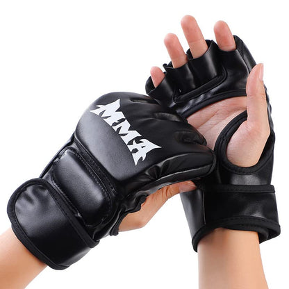 MMA Gloves, Half-Finger Boxing Fight Gloves MMA Mitts with Adjustable Wrist Band UFC Gloves for Sanda Sparring Punching Bag Training (One Size Fits Most) - color: Black