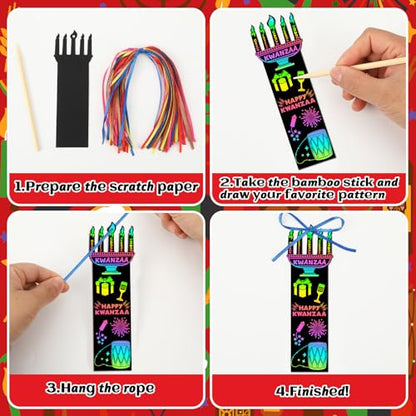 JUNEBRUSHS 30Pcs Kwanzaa Crafts for Kids, Rainbow Magic Scratch Art Paper Bookmarks Kwanzaa Gifts for Kids School Classroom Activities Games DIY Arts and Crafts Kit Party Favors - style: Kwanzaa Style