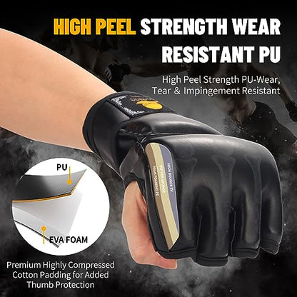 ZooBoo MMA Gloves, Half-Finger Boxing Fight Gloves MMA Mitts with Adjustable Wrist Band UFC Gloves for Sanda Sparring Punching Bag Training (One Size Fits Most) - color: G-Black
