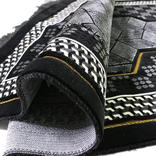 Modefa Turkish Islamic Velvet Prayer Rug - Thick Wide Soft Praying Carpet for Men & Women - Double Plush Large Janamaz - Eid & Ramadan Gift - with Kufi Beads & Car Hanger - Geometric Noor - Black - color: Black