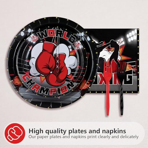 Grencian 96Pcs Boxing Birthday Party Supplies World Champion Plates and Napkins Fight Sports Wrestling Tableware Set for Boxing Birthday Party Supplies Serves 24 - style: Boxing Birthday