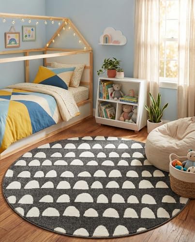 Rugs.com Whimsy Kids Collection Rug – 5 Ft Round Dark Gray Medium-Pile Rug Perfect for Kitchens, Dining Rooms - color: Dark Gray, size: 5' Round