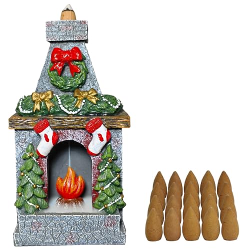 Hosley Christmas Fireplace Backflow Incense Burner Holder - 7" Resin Smoke Fountain Statue with 20 Apple Cinnamon Cones for Home Decor, Aromatherapy & Relaxation - color: Fireplace