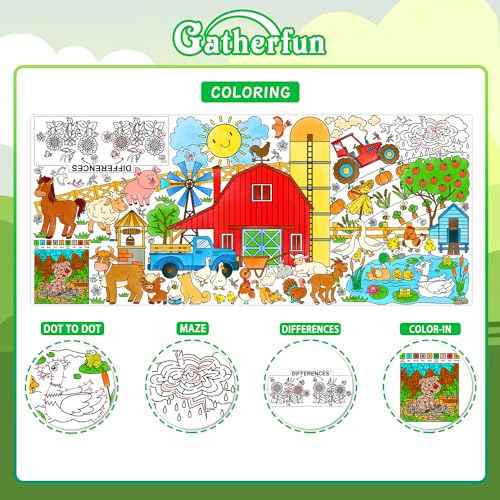 Gatherfun 농장 동물 파티 자이언트 컬러링 포스터 - 80.9 x 182.9cm(31.5 x 72인치) - 다용도 교실 벽 장식 및 생일 활동 - 학교 파티 및 특별 행사를 위한 농장 포스터 또는 테이블 커버 - style: 농장